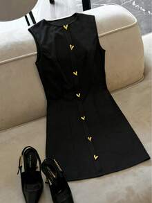This New Dress Features An Elegant Design With A Stretchy Metallic Heart Button, Perfect For Parties, Daily Commutes, Evening Dates, And Valentine'S Day,Summer Dress - Black - View 2