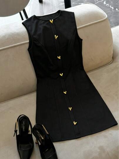 This New Dress Features An Elegant Design With A Stretchy Metallic Heart Button, Perfect For Parties, Daily Commutes, Evening Dates, And Valentine'S Day,Summer Dress
