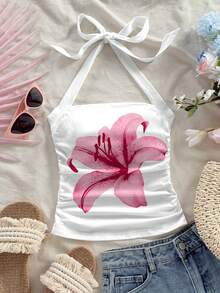 Women's Halter Neck Tie Camisole, Floral & Tropical Print, Lily Knot Backless Ruffle Beach Holiday Top - White - View 2