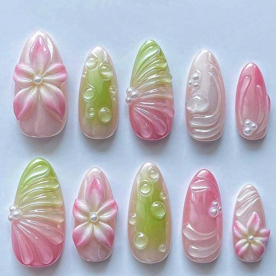 Handmade Wear Nail Piece 3D Epoxy Nail Piece Pink Green Gradual Change Flower Pearl Wear Fake Nails - Z117 - Hộp [Gel dạng gel + Con lăn] - Xem 1