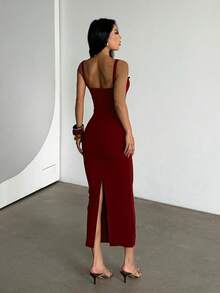 WOWDARK Women's Elegant Lace Patchwork Spaghetti Strap Slit Bodycon Dress, Party Dress, Evening Gown - Màu Đỏ Sâu - Xem 7