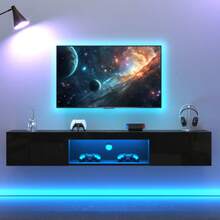 High-Gloss Wall-Mounted TV Cabinet, 160*31*22 Cm, With LED Lighting, Low Cabinet, TV Table, TV Stand, TV Chest, Wall-Mounted TV Mount, For 70-Inch TVs, 35 Kg Load Capacity, Black - Black - View 2