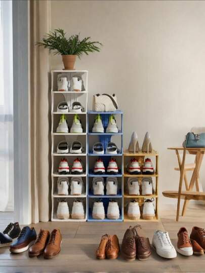 多层简易拼接式立式鞋架，窄型节省空间收纳架，适用于多种场景——易于组装，可灵活摆放于阳台、宿舍、卧室、走廊、玄关等；DIY立式堆叠鞋架，开放式设计，让鞋子整齐可见，方便取用，是小房间的理想之选，也是季节性家居装饰和礼品创意，经久耐用且轻巧。
