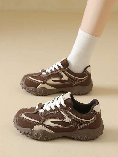 Beige Women's Chunky Sneakers, New Thick Sole Casual Sports Shoes, All-Season Platform Shoes, Versatile Running Shoes, Outdoor Hiking Shoes, Lace-Up Thick-Soled Casual Shoes, Slip-Resistant And Breathable, Lightweight Outdoor Leisure Shoes, Plus Size