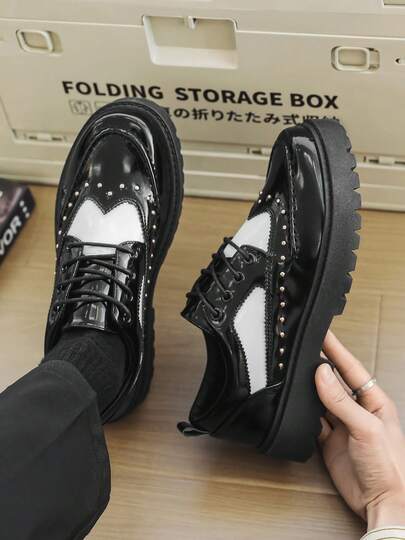 Classic Retro Style Men's Lace-Up Formal Shoes, Elegant Gentleman Leather Oxfords, Rivet Decor, Black & White, Comfortable Breathable Non-Slip Durable Soles, Suitable For Daily, Casual, Business, Office, Wedding, Party, Graduation, Spring/Summer/Autumn, Plus Size
