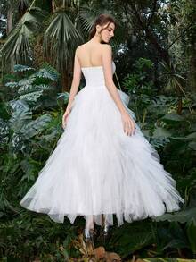 Faeriesty Elegant White Strapless Midi Dress - Layered Ruffle Mesh Party Gown With Sweetheart Neckline And Pleated Bodice, Suitable For Wedding Guest, Party, Cocktail, Vacation - White - View 3