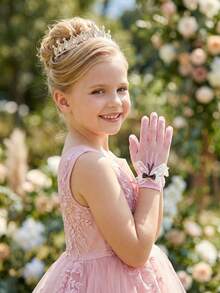 1 par de luvas infantis elásticas com estampa quadriculada e laço decorativo, tamanhos de 4 a 12 anos, rosa. - 1Pair - Ver 4