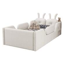 Twin Size Upholstered Kids Bed Frame With Cute Rabbit Headboard, Floor Kids Bed With Removable Rails For Toddler, Boys & Girls - trắng - Xem 5