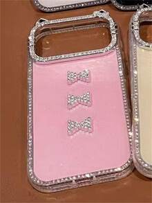 可爱3D水钻猫耳镜头保护闪亮蝴蝶结亮片手机壳，兼容 17 Pro Max、17 Pro、16 Pro Max、17、16、15 Pro Max、14 Plus、17 Air、13、12 Pro、11，奢华闪亮防摔后盖 - 粉色 - 查看 3