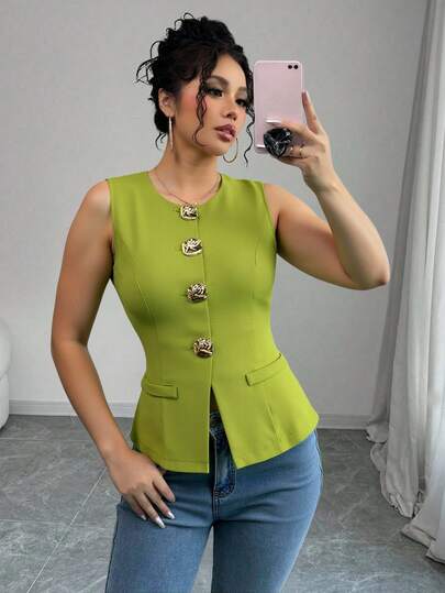 Blazer Básico Sin Mangas Con Botones Metálicos De Estilo Francés Para Mujer,Blazers Ligeros Para Mujer