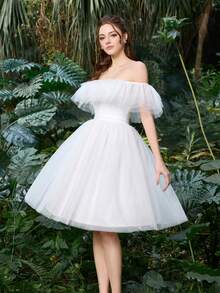 Faeriesty 女士露肩荷叶边网纱公主裙，优雅白色多层蓬松迷你晚礼服，轻盈飘逸，适合派对、度假、新年、海滩等场合 - 白色 - 查看 2