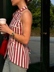 Spring & Summer Fashion Versatile Non-Selective Red & White Striped Backless Camisole Top, Sleeveless Woven Fabric, Decorated With Knot Design, Regular Length Perfect For Summer, Striped Contrast Knot Suitable For Vacation, Brunch, Airport And Other Occasions - Red and White - View 3