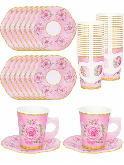 20 piezas/40 piezas Suministros para fiesta de té con flores rosas, tazas de té con flores y asa, platos de papel florales con borde ondulado, juegos desechables de tazas y platillos con flores para decoración de mesa de té de tarde, jardín, cumpleaños, boda y fiesta nupcial