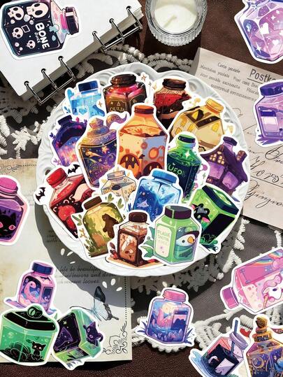 50pcs Magic Juice Stickers, Creative Sealing Stickers For Notebook, Laptop, Planner, DIY Phone Case, Skateboard, Guitar, Fridge, Luggage, Helmet, Desk, Wall, Classroom, School Supplies, Decorative Self-Adhesive Stickers, Suitable For Birthday Gifts, Holiday Gifts