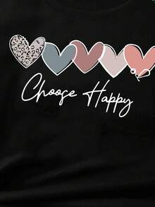 Girls' Casual Heart Print Round Neck Short Sleeve T-Shirt, Summer - Black - View 3