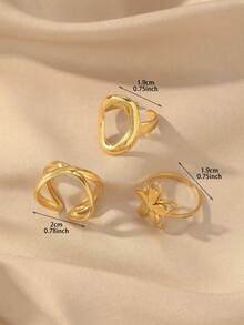 Elegant Soft Wind Gold Ring Set - Asymmetrical Oval + 3D Flower + Intersecting Line Rings Combination, Women Daily Commute & Date Layered Jewelry - Gold - View 2