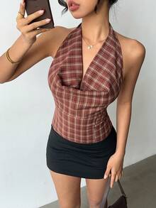 女士春夏新款格子多功能垂褶领口系带露背吊带背心，优雅时尚，适合日常、夜间外出、度假、音乐节、休闲等场合。 - 彩色 - 查看 4