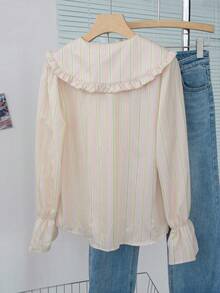 女士彼得潘领条纹衬衫，荷叶边系领甜美可爱宽松轻薄上衣，春夏款 - 粉色 - 查看 8