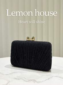 1 pièce Sac de soirée boîte plissé noir scintillant avec sangle en métal. Sac à main élégant de mode, convient pour les occasions formelles, les fêtes, les mariages. Cadeau idéal pour les femmes. - Noir - Voir 5