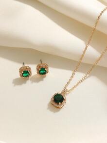 1 Set Vintage Elegant Emerald Green Zirconia Copper Alloy Jewelry Set, Fashionable Luxury Square Accessories Suitable For Daily Wear And Gifting - Multicolor - View 1