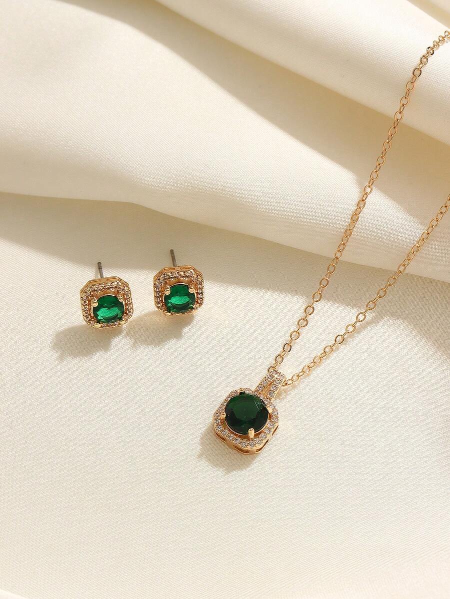 1 Set Vintage Elegant Emerald Green Zirconia Copper Alloy Jewelry Set, Fashionable Luxury Square Accessories Suitable For Daily Wear And Gifting - Multicolor - View 1
