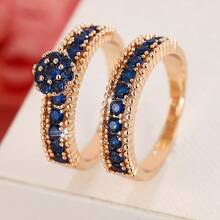 女士两件套铜戒指，优雅复古新娘叠戴戒指，镶嵌闪亮锆石，日常/婚礼首饰，情人节礼物 - 婚禮對戒1 - 查看 32