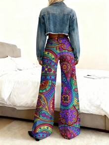 3D Women's Faux Jeans Colorful Paisley Pattern With Vibrant Circles And Swirls Autumn And Winter Cowboy, Lady, Stretch, Casual, Flared, Fashion, Print, High-Waisted, Trousers, Comfortable, Vintage, Floral, Design, Style, Loose, Washed, Straight, - 彩色 - 查看 4