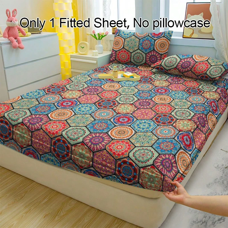 1件波西米亚风V字图案透气床笠，柔软舒适的床垫罩，适用于卧室、客房和宿舍，床垫保护套，床笠（不含枕套） - 彩色 - 查看 1