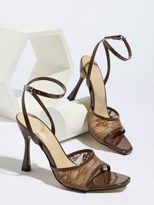 Women's High Heel Lace Mesh Printed Mule Shoes, Breathable, Suitable For Spring/Summer Parties, Gatherings, Outdoor Occasions, Fashion Elegant Banquet Waist-Cinching Strap Square Toe Stilettos, Sexy Open Toe Ladies Sandals Paired With High-Quality Glossy Solid Color Criss-Cross Thin Straps, Elegant Chocolate Brown High Heels - Chocolate Brown - View 7