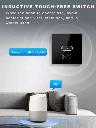1 pieza Interruptor inteligente con sensor de movimiento por infrarrojos y control por gestos, compatible con Alexa, Tuya, Yandex Alice, manos libres para cocina y baño, panel de vidrio templado, control remoto por aplicación y voz, certificado CE, color negro y blanco