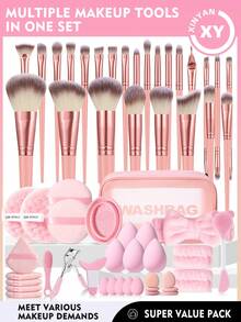 59PCS Makeup Tools Set Including:25PCS Makeup Brush Set+1pc Multi-Functional Zipper Toiletry And Cosmetic Bag Waterproof+5PCS Makeup Sponges+5PCS Mini Makeup Sponges+5PCS Triangle Powder Puffs+6PCS Mini Air Cushion Powder Puffs+1pc Hairband+2PCS Hand Bowl Strap+1pc Makeup Brush Cleaning Tools+2PCS Facial Cleansing Sponges+1pc Eyelash Curler+1pc Eye Makeup Aid+1pc Facial Mask Brush+1pc Nose Wash Brush+2PCS Circular Powder Puffs - Pink - View 1