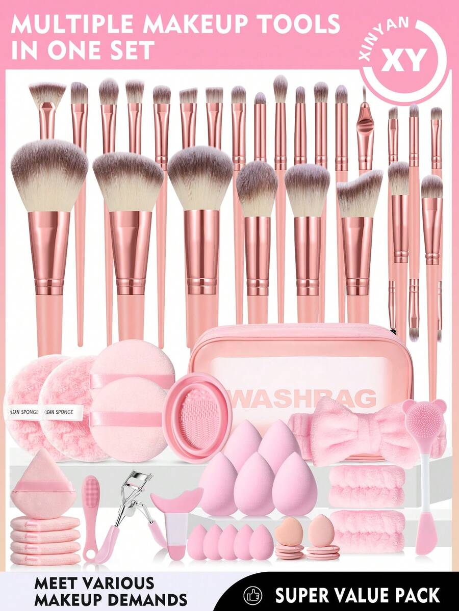 59PCS Makeup Tools Set Including:25PCS Makeup Brush Set+1pc Multi-Functional Zipper Toiletry And Cosmetic Bag Waterproof+5PCS Makeup Sponges+5PCS Mini Makeup Sponges+5PCS Triangle Powder Puffs+6PCS Mini Air Cushion Powder Puffs+1pc Hairband+2PCS Hand Bowl Strap+1pc Makeup Brush Cleaning Tools+2PCS Facial Cleansing Sponges+1pc Eyelash Curler+1pc Eye Makeup Aid+1pc Facial Mask Brush+1pc Nose Wash Brush+2PCS Circular Powder Puffs - Pink - View 1