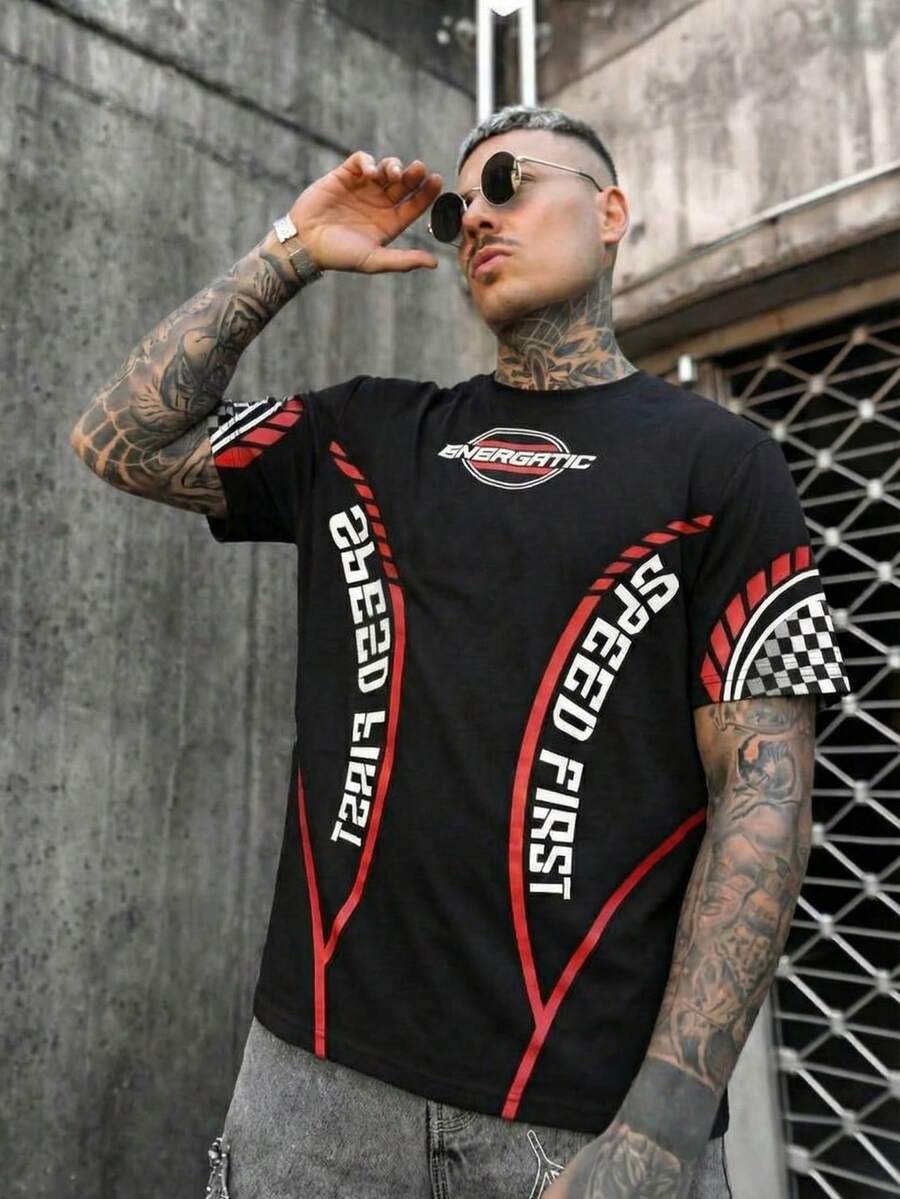 Men's Loose T-Shirt With Speed First Letter, Plaid, Flag, Motorcycle Racing Print, Casual Summer Top - Black - View 1