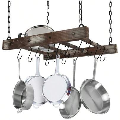 JACKCUBE DESIGN Hanging Pot Rack Pan Ceiling Wall Mounted Hanger Multi Purpose Rustic Wood And Metal Cookware Kitchen Storage Organizer With Utility 16 Hooks MK603B