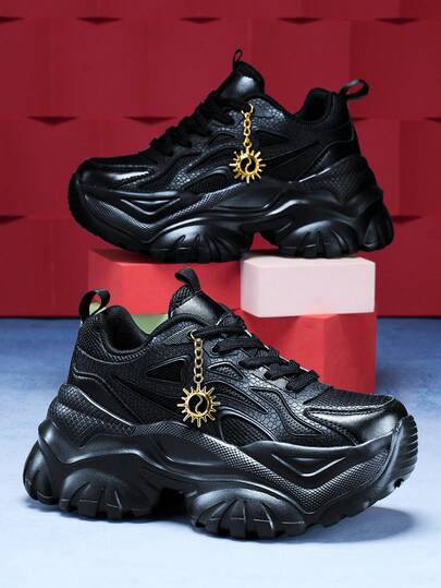 女士增高7厘米休闲厚底运动鞋，配有可拆卸3D向日葵装饰，户外运动鞋，EVA厚底，系带，黑色高跟鞋，软底，减震防滑，透气网面夏季凉鞋，圆头系带休闲鞋，适合大学生、青少年、日常穿着、约会、健身、办公等场合，厚底运动鞋