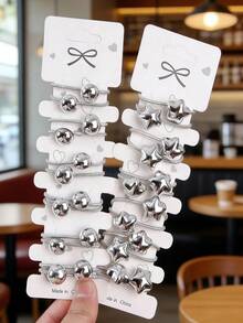 10pcs Girls Silver Polka Dot/Star/Cute Mini High Elastic Hair Ties, Suitable For Everyday Wear - Multicolor - View 3