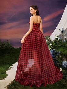 Faeriesty Women's Strapless Plaid Ruffle Asymmetric High-Low Hem Evening Gown & Mini Party Dress, Suitable For Balls, Holidays And Weddings - Red - View 2