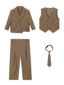 4pcs Young Boys Suit Set: Unique Design Jacket + Single-Breasted Vest + Matching Pants + Tie, Suitable For Festivals, Weddings, Ring Bearer Occasions - Coffee Brown - View 3
