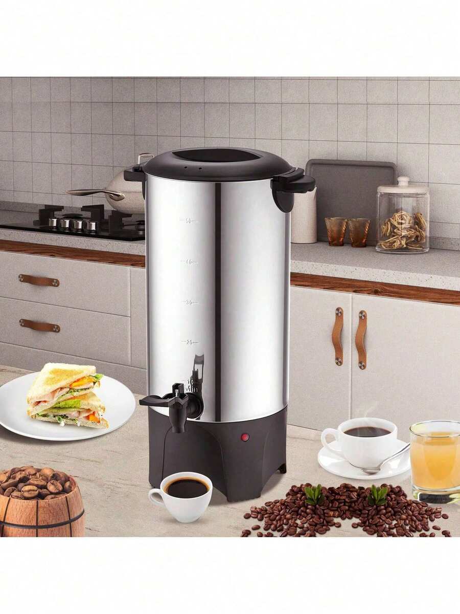 Commercial Coffee Urn, 50 Cups Stainless Steel Large Coffee Dispenser, 1000W 110V Electric Coffee Maker Urn For Quick Brewing, Hot Water Urn With Detachable Power Cord For Easy Cleaning, Silver - 銀色 - 查看 1