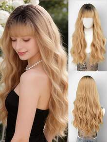 Tóc giả sợi tổng hợp có mái, tóc giả dài xoăn màu vàng ombre, lưới hoa hồng lụa chịu nhiệt mờ, thích hợp cho Giáng sinh, Halloween, tiệc tùng và sử dụng hàng ngày. - Nhiều màu - Xem 13