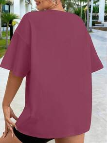 Speed mate Plus Size Women Loose Fit Round Neck Short Sleeve T-Shirt, Y2K Summer Casual Basic Tee - Pink - View 6