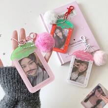 Ins Style Korean Version Strawberry Acrylic Card Holder Campus Card Celebrity Small Card Holder Girl Backpack Pendant With Pom-Pom - White Hairless Ball - View 4