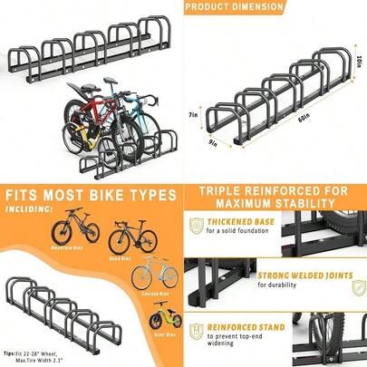 Bike Storage Rack For Garage, 5 Bikes Floor Bike Stand, Bicycle Parking Holder Stand For Indoor Outdoor, Fit 2228 Wheel Tire Width 2.1