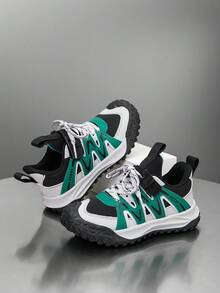 1 para butów dziecięcych, blokowe kolory, oddychające, wygodne, uniwersalne, lekkie buty sportowe na świeżym powietrzu, modne, codzienne trampki, unisex - Zielony - Zobacz 2