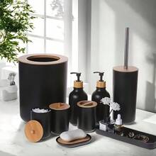 9pcs Premium Bathroom Accessory Set, Featuring Wooden Bathroom Hardware, Includes A Wash Brush, Toothbrush Holder, Plastic Toilet Brush, Cup, Soap Dish, And Trash Can - The Perfect Complete Luxury Bathroom Set, Including A Soap Box, Toothbrush Holder, Swab Jar, Etc. - Matte Black With Bamboo Texture, Made Of Durable Plastic. - Multicolor - View 7
