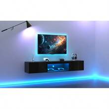 High-Gloss Wall-Mounted TV Cabinet, 160*31*22 Cm, With LED Lighting, Low Cabinet, TV Table, TV Stand, TV Chest, Wall-Mounted TV Mount, For 70-Inch TVs, 35 Kg Load Capacity, Black - Black - View 10