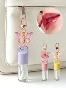 1pc 5ml Transparent Lip Gloss Tube With Butterfly Keychain Pendant,Butterfly Keychain Lip Gloss Refill Bottle,Clear Lip Gloss Tubes With Wand, Lip Oil Dispensing Tube,Portable Lip Gloss Dispenser Bottle Keychain/Bag Charm - Multicolor - View 1