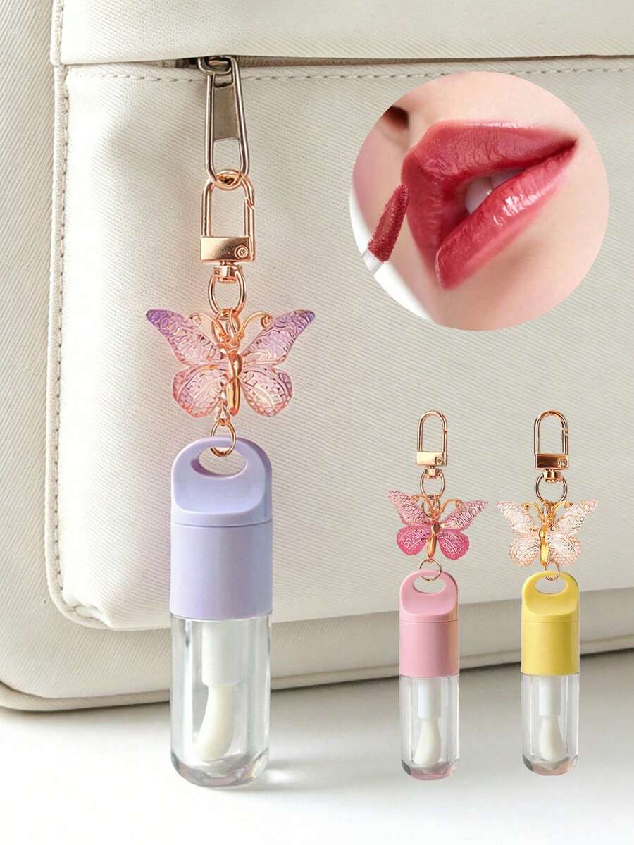1pc 5ml Transparent Lip Gloss Tube With Butterfly Keychain Pendant,Butterfly Keychain Lip Gloss Refill Bottle,Clear Lip Gloss Tubes With Wand, Lip Oil Dispensing Tube,Portable Lip Gloss Dispenser Bottle Keychain/Bag Charm - Multicolor - View 1