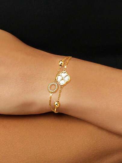 1pc S925 Sterling Silver Double-Layer Lucky Four-Leaf Clover Bracelet, Women's Minimalist Hollow Circle Bracelet, Lightweight Luxury Niche Mori Style Accessory, Elegant Gift