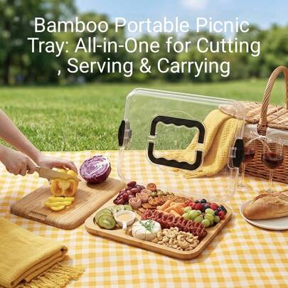 1pc Bamboo Cheese Board With Acrylic Lid - Portable Bamboo Snack Plate Suitable For Camping, Parties And Restaurants. Ideal For Charcuterie Boards, Holiday Appetizers And Delicious Snacks, Home Storage, Eid Al-Fitr, Ramadan